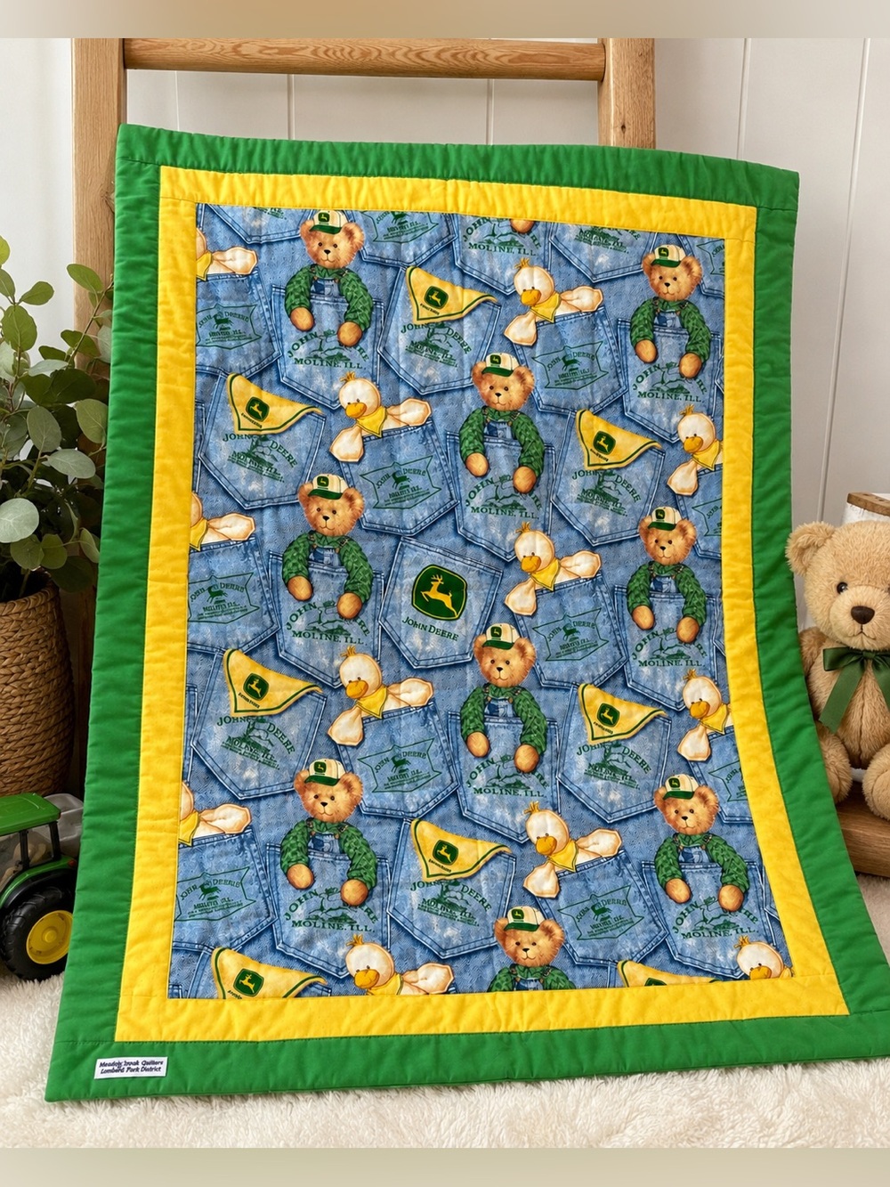 Handmade John Deere Themed Baby Quilt Wall Hanging Teddy Bears 32x42 Farmhouse